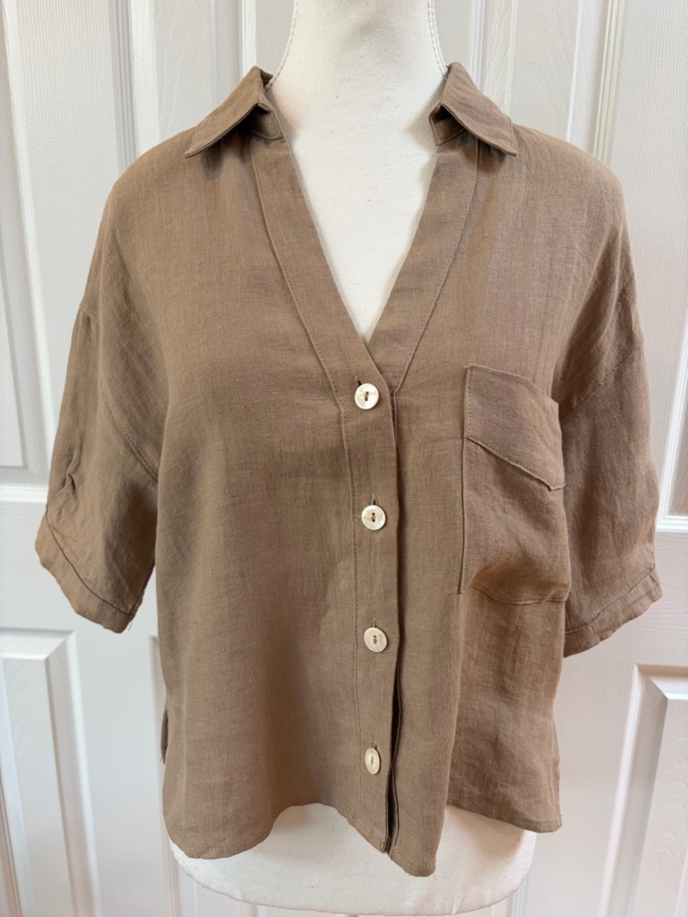 Mod Ref Tan Linen Button Down Sleeve Shirt Size M